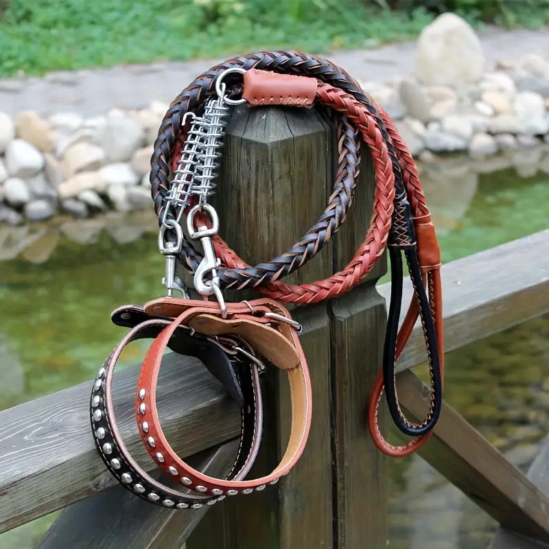 Cowhide Dog Collar & Leash Set - Strong Design for Large Breeds