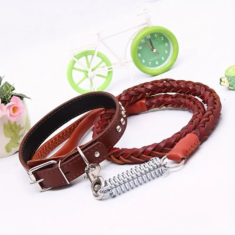 Cowhide Dog Collar & Leash Set - Strong Design for Large Breeds